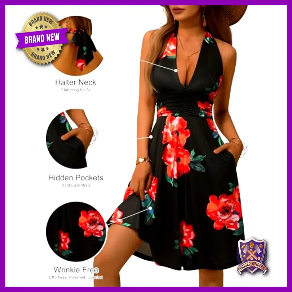 Sleeveless Halter Sundress with Pocket Elastic Waist Ruffle Mini Dress - Picture 4 of 7